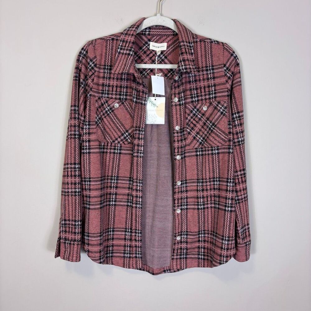 New Thread & Supply Pink‎ Plaid Collared Button Down Flannel Shirt XS
